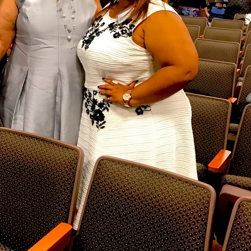 Size 24 Taylor Woman white dress with black stitching detail overlay.